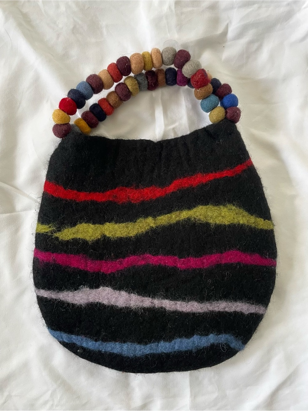 Rising Tide Black Felt Wool Handbag with Multicolor Beaded Handle